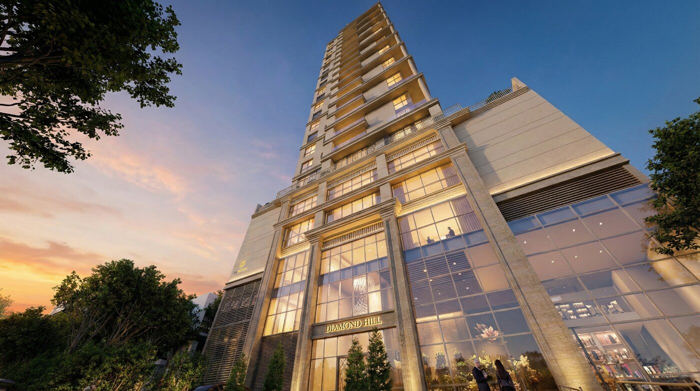 Fachada do Diamond Hill ao entardecer, empreendimento da Valore Incorporadora em Camboriú