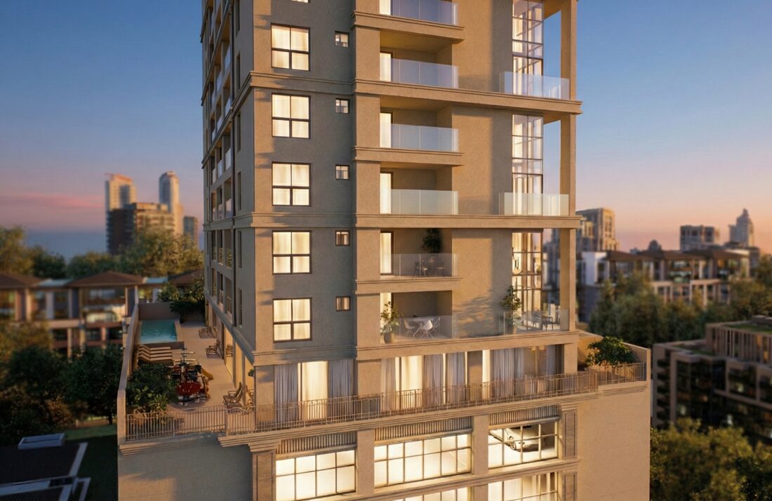 Torre Diamond Hill ao entardecer, com rooftop e piscina, empreendimento da Valore Incorporadora em Camboriú