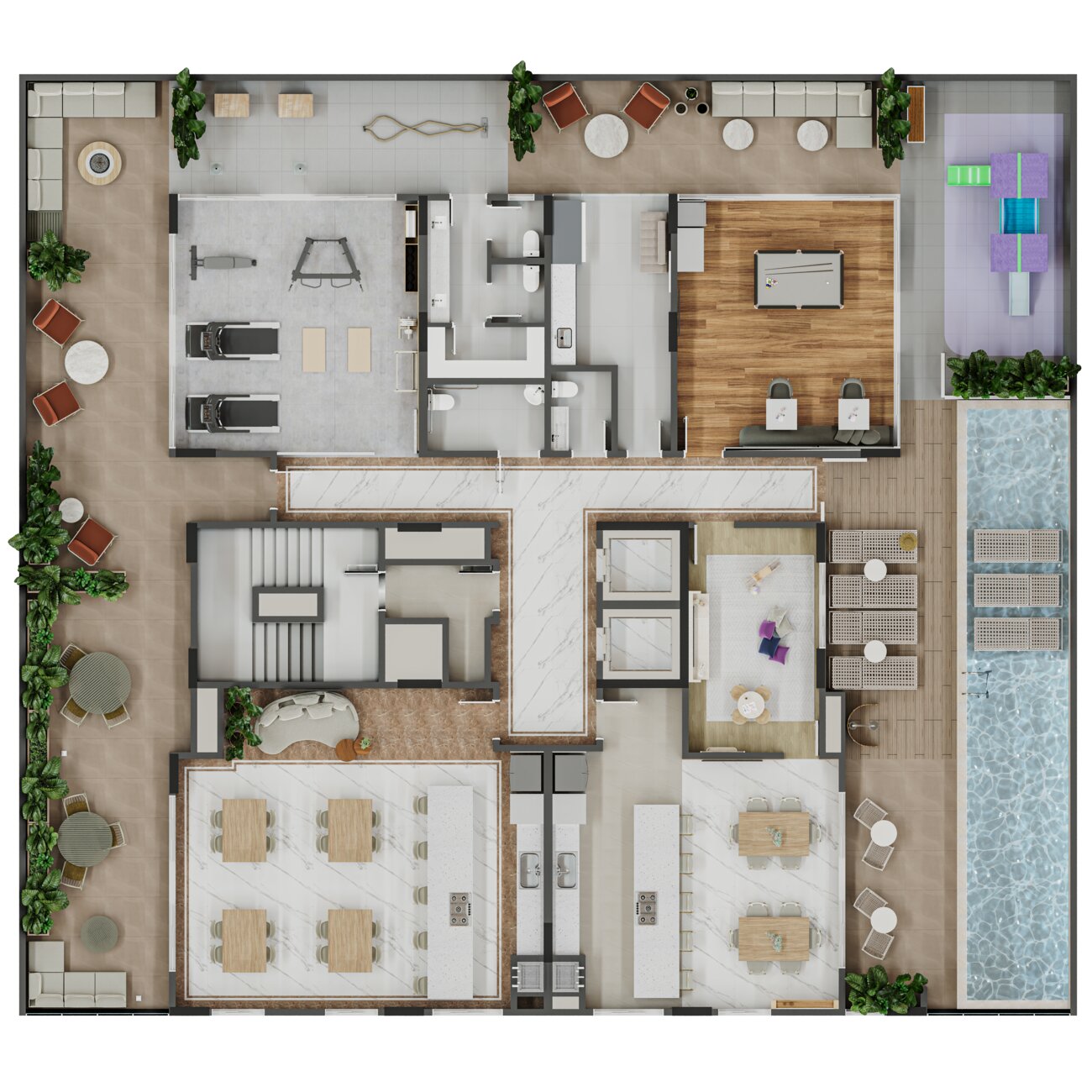Planta humanizada do pavimento de lazer do Olympus Residence