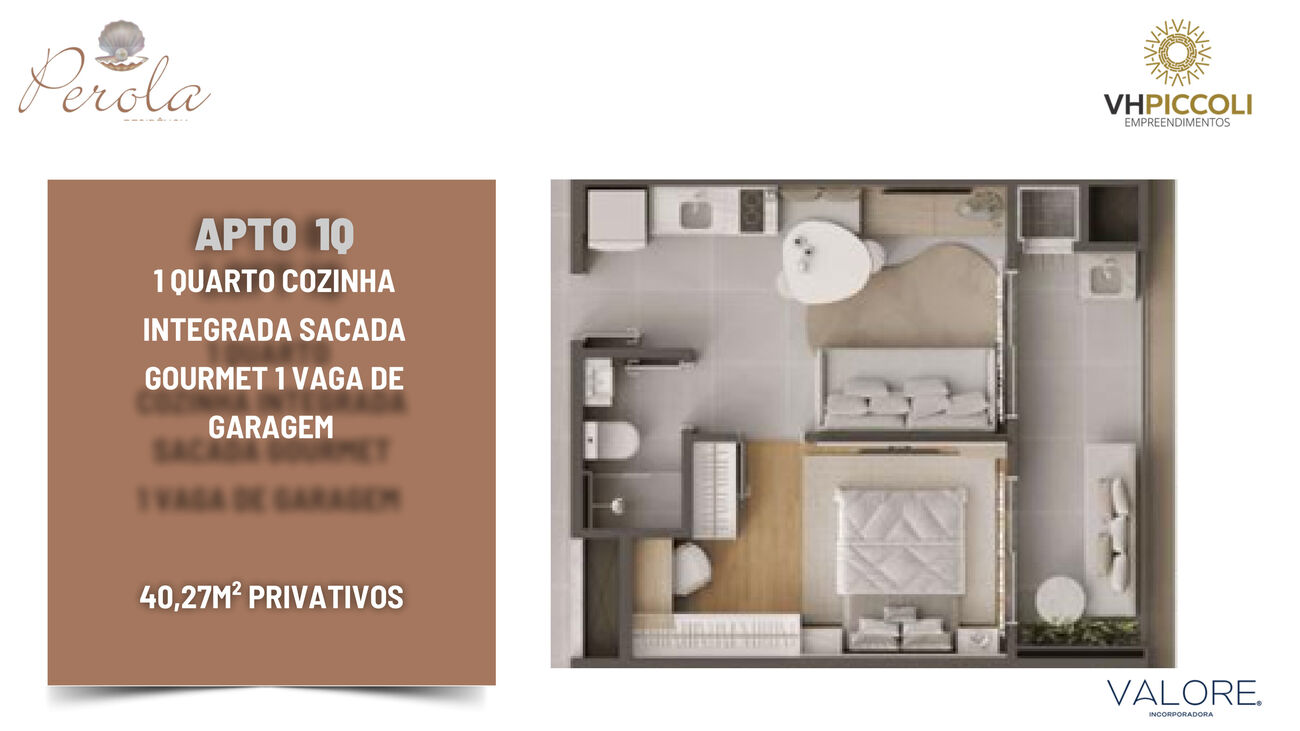 Planta do apartamento 1 quarto do Pérola Tower, 40,27m² privativos