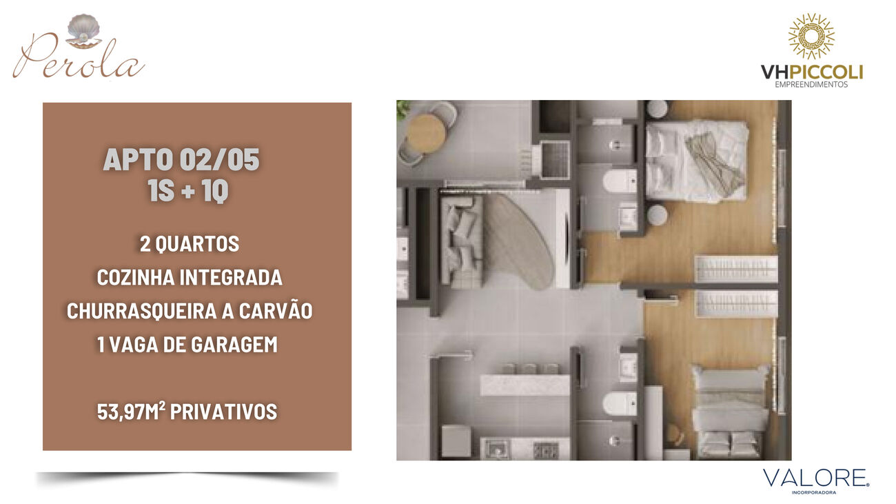 Planta do apartamento 1 suíte + 1 quarto do Pérola Tower, 53,97m² privativos