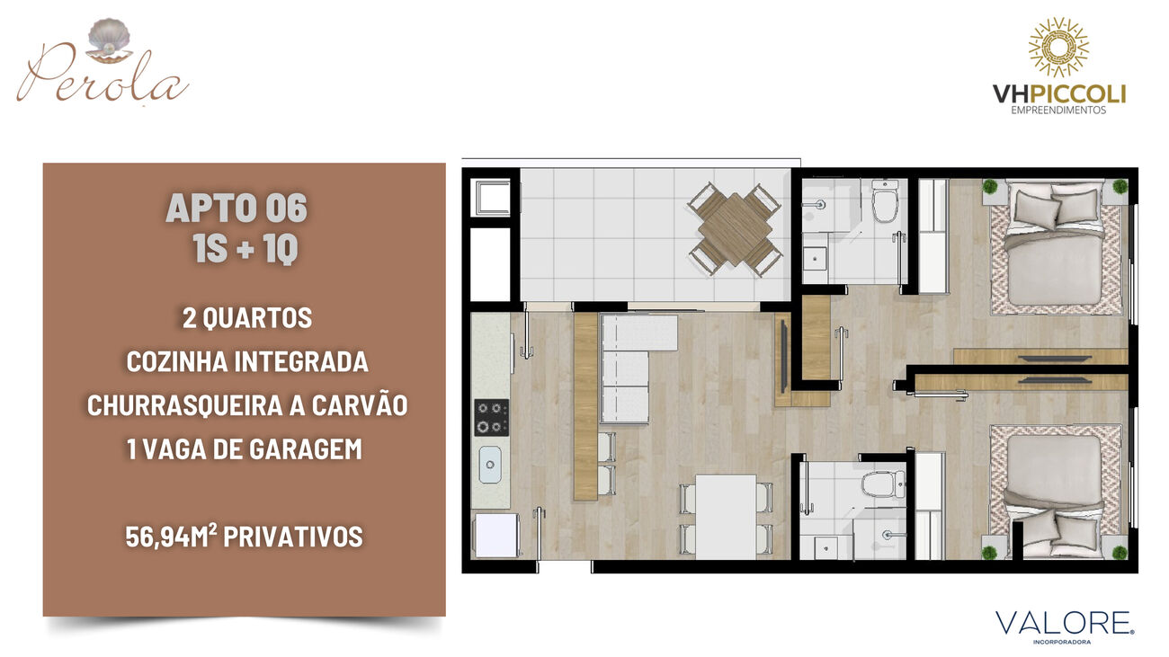 Planta do apartamento 1 suíte + 1 quarto do Pérola Tower, 56,94m² privativos